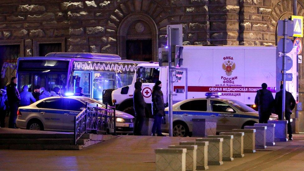 An ambulance at the site of a shooting incident near the Federal Security Service (FSB) building in Moscow, 19 December 2019