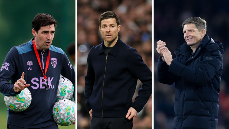 Chelsea's four-man manager shortlist, ranked by intrigue — Split image of Chelsea's managerial candidates. Andoni Iraola (left), wearing a blue half-zip jumper with purple details holds three white, grey and green footballs under his arms and points his right index finger up as he issues instruction. Xabi Alonso (centre), wearing all black, stands on the touchline with the crowd blurred in the background. Oliver Glasner (right), smiling and wearing a dark blue puffer coat, applauds the crowd.