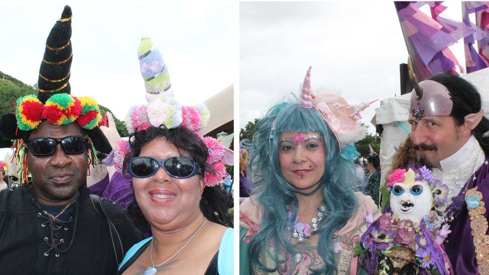 Couple with woollen unicorn horns and wigs