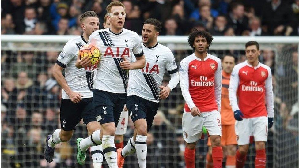 Tottenham's Harry Kane after scoring Spurs' second goal against Arsenal during the north London derby at White Heart Lane