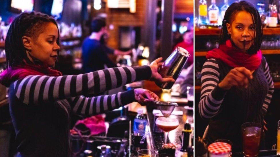 Valerie Graham is photographed working behind a bar making cocktails