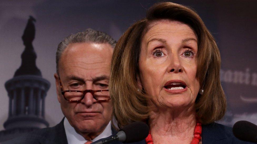 House Democratic leader Nancy Pelosi (R) and Senate Democratic leader Chuck Schumer