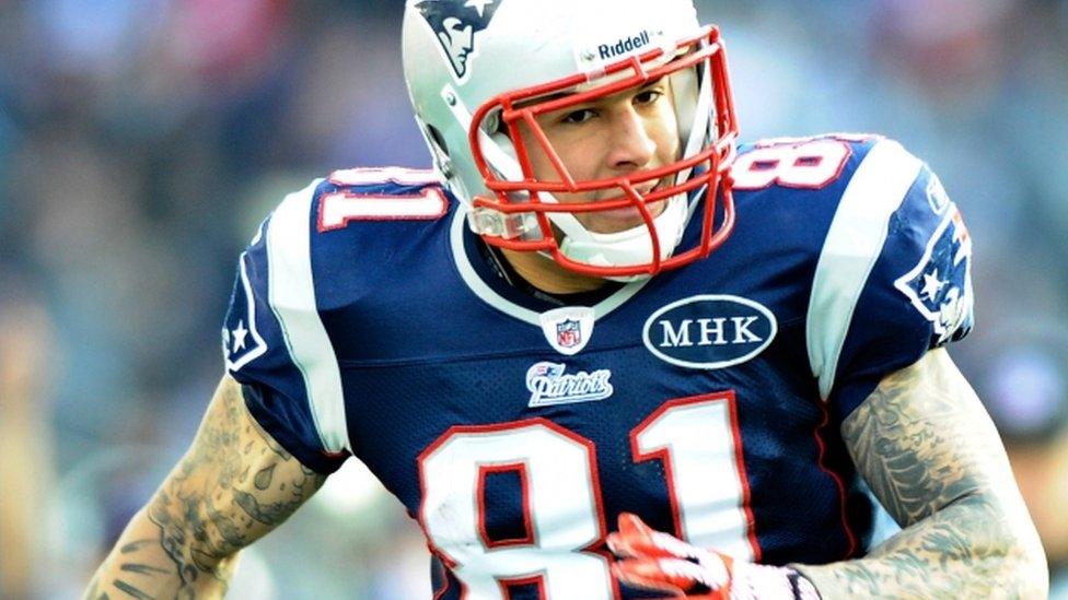 New England Patriots tight end Aaron Hernandez runs into the end zone for a second quarter touchdown against the Buffalo Bills at Gillette Stadium in Foxborough, Massachusetts, 01 January 2012