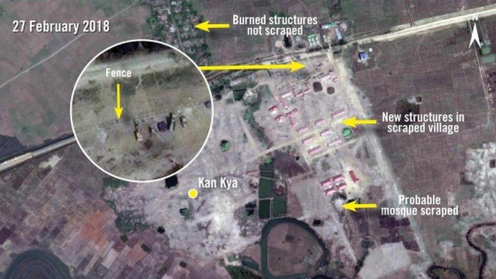 Satellite images released by Amnesty purporting to show demolition and development in Kan Kya, Rakhine, Myanmar