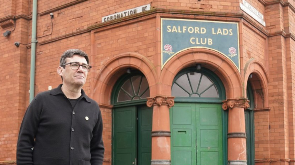 Andy Burnham outside Salford Lads Club