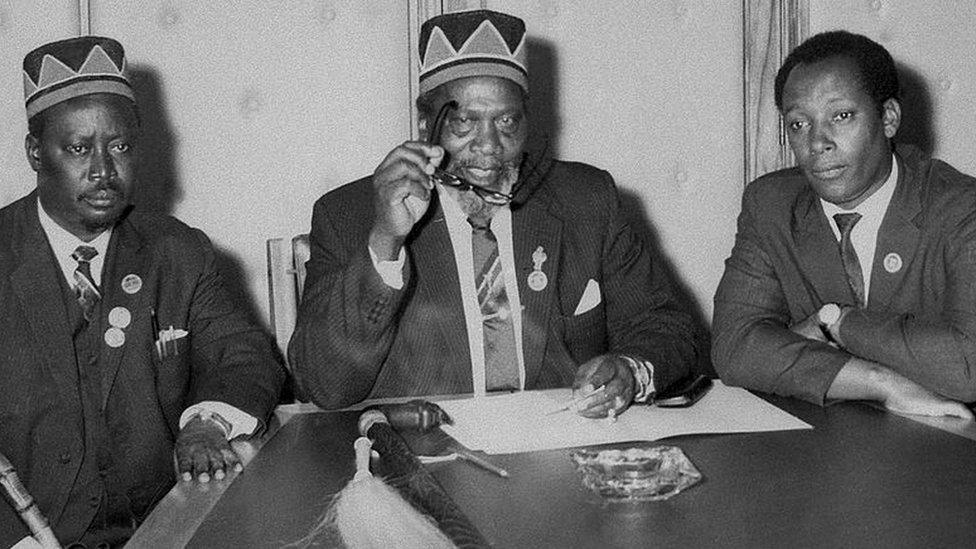 (From L to R) former Luo Chief Oginga Odinga, futur Kenyan President, Jomo Kenyatta, Njoroge Mungai