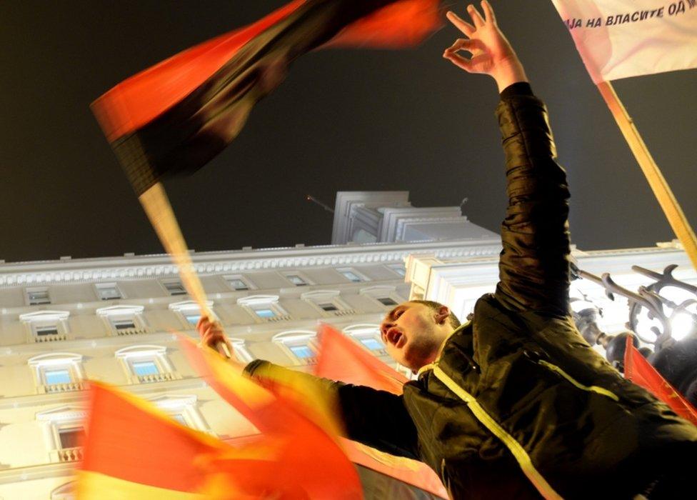 Supporters of the VMRO-DPMNE celebrate after preliminary results in Skopje. 11 December 2016