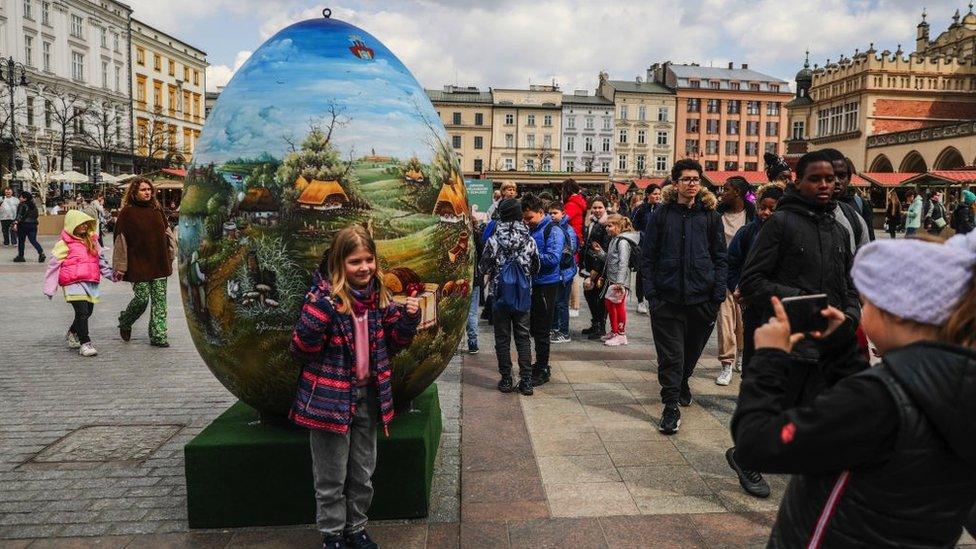 A huge Croatian Easter egg, called 'Pisanica od srca' (Easter egg from the heart), a hand painted gift from Croatia, is seen at the traditional Easter Market at the Main Square in Krakow, Poland on April 12h, 2022. Colourful Easter eggs, handmade decorations and regional food, arts and crafts fill market stalls at UNESCO listed central square of Krakows Old Town historic district.