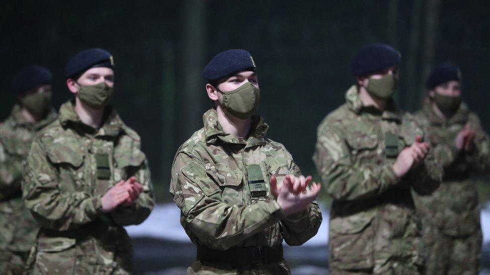 Junior soldiers at the Army Foundation College in Harrogate, North Yorkshire, joining in with the nationwide clap in honour of Captain Sir Tom Moore