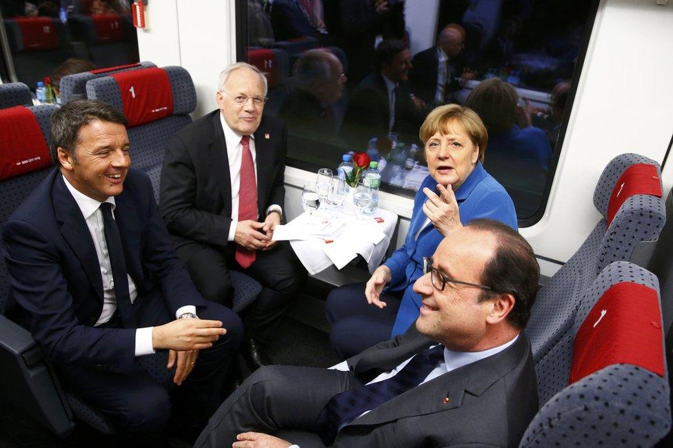 VIP tunnel excursion (clockwise from left): Italian Prime Minister Matteo Renzi, Swiss Federal President Johann Schneider-Ammann, German Chancellor Angela Merkel and French President Francois Hollande, 1 June