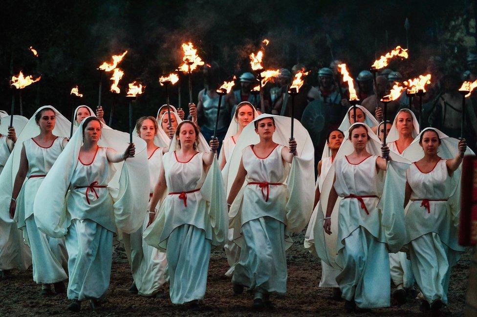 Participants perform during a full dress rehearsal preview evening for the Kynren event