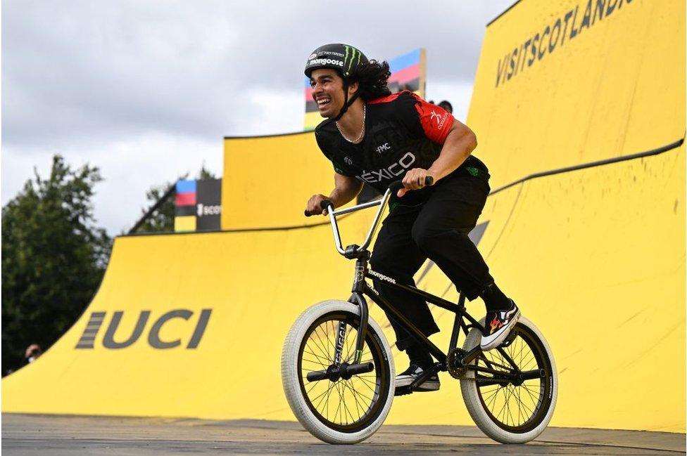 Mexico's Kevin Peraza Garcia takes part in the the men's BMX Freestyle park final