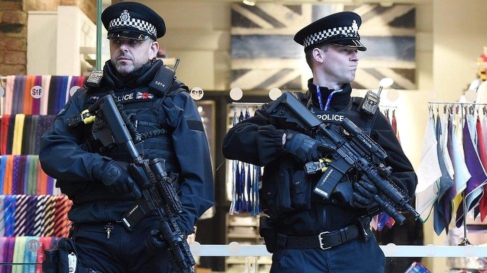 Armed British police at St. Pancras International railway station in London, Britain, 22 March 2016