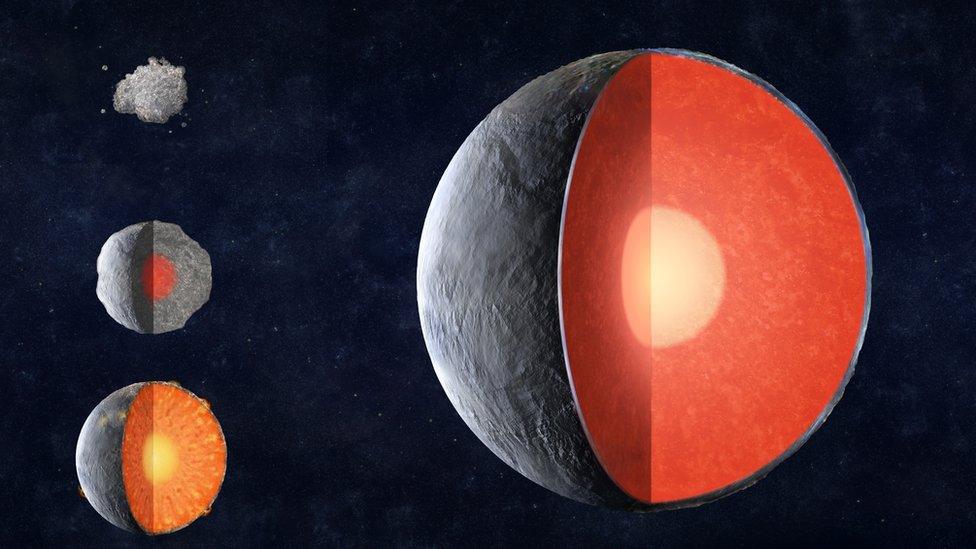 Artist image of a generic rocky planet - it is grey on the outside and red on the inside with a white centre.