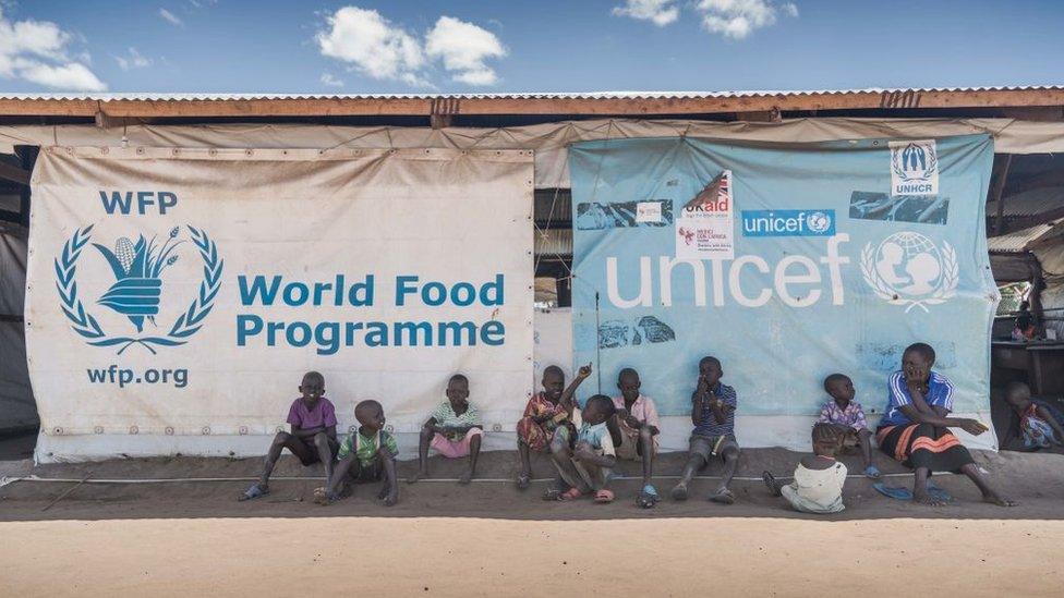 Children outside a UN tent in South Sudan