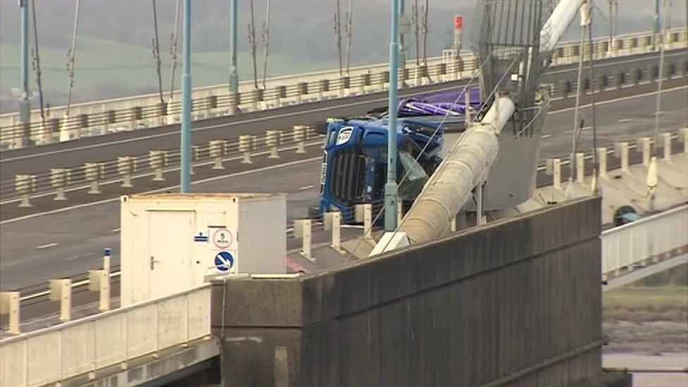 Lorry on side on Severn Bridge