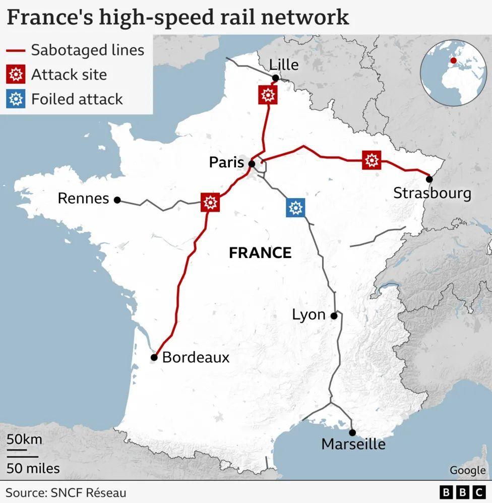 Map of disrupted rail lines