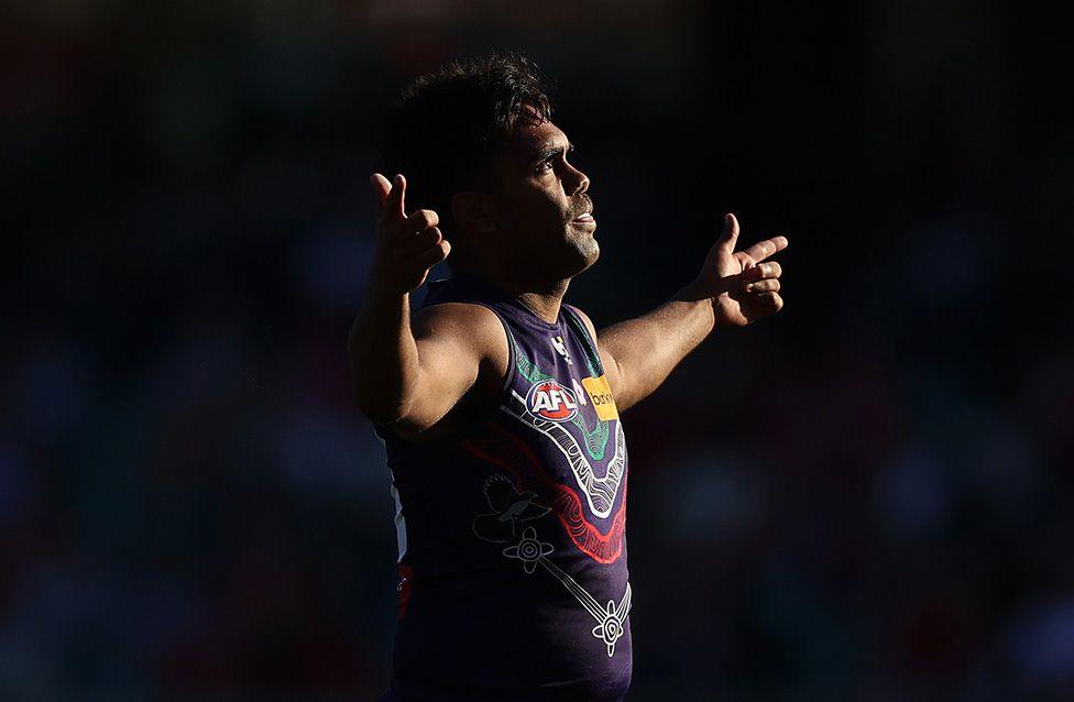 Isaiah Dudley of the Dockers celebrates kicking a goal during the round 17 AFL match against the Sydney Swans. Photo by Mark Metcalfe