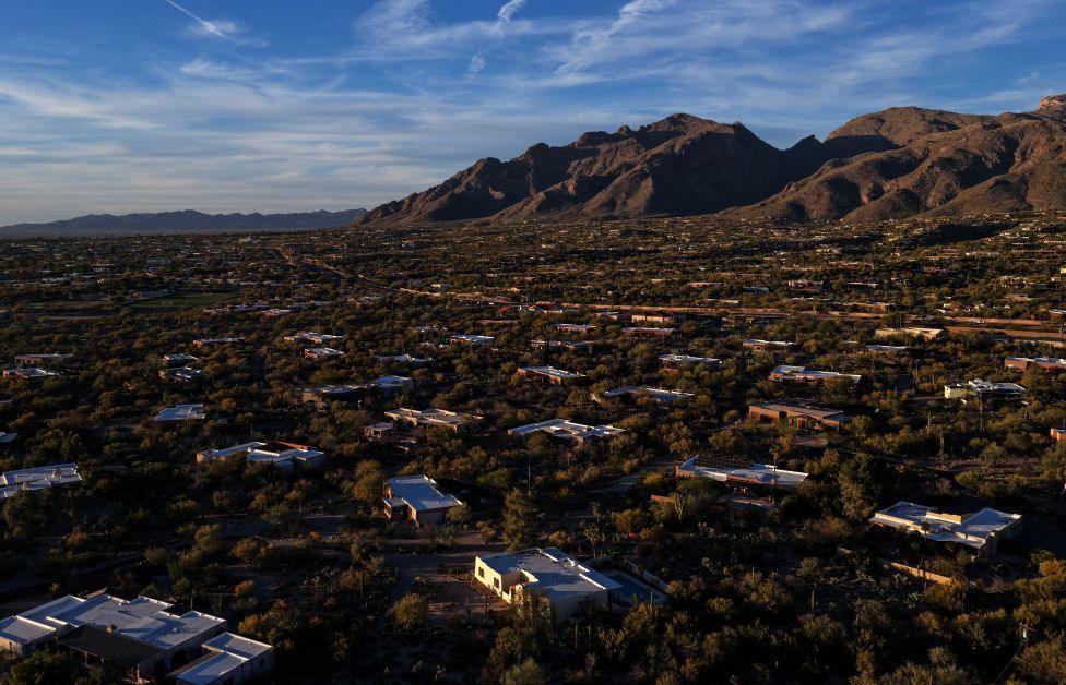 An aerial shot of the Catalina Foothills neighbourhood with the mountains in the background