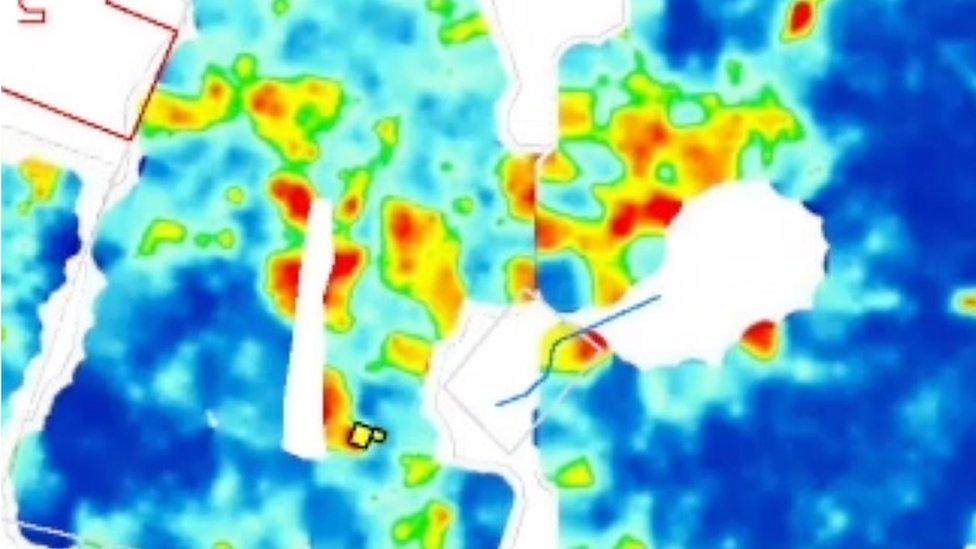 GPR data showing lineal features across a complex of buildings