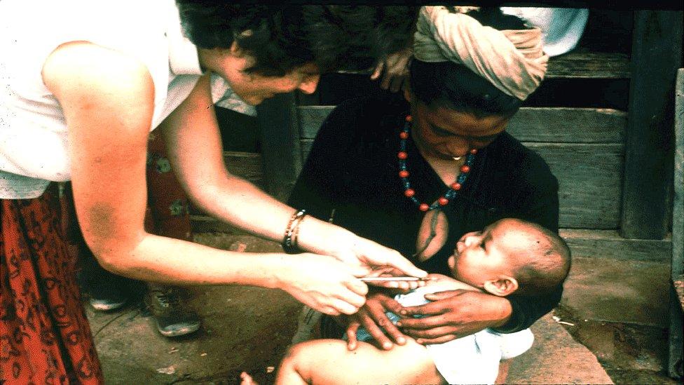 Nurse Jan Patterson giving a BCG vaccination in Dhankuta