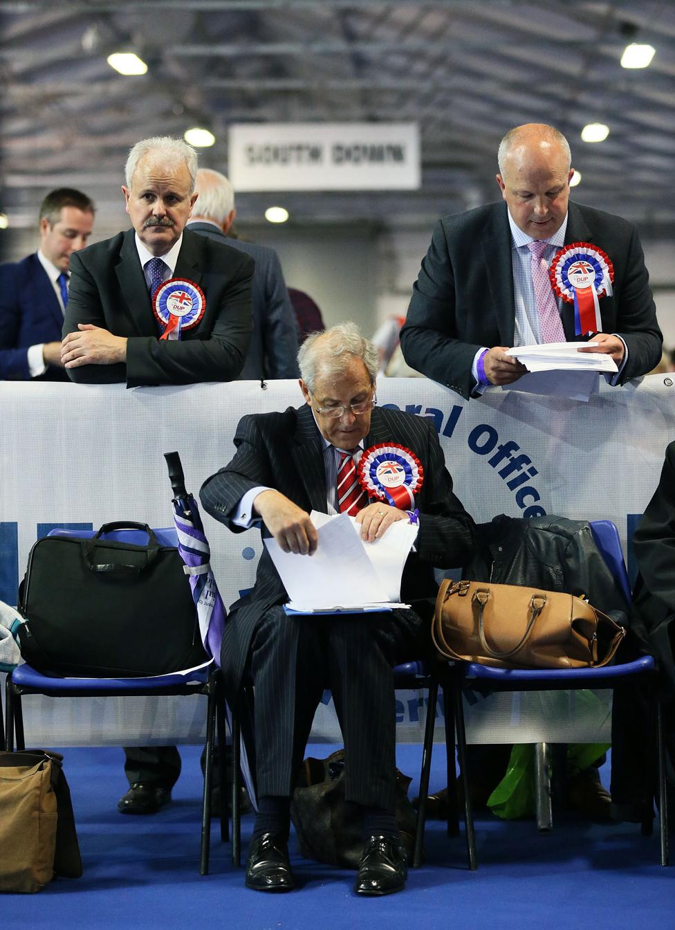 DUP party supporters at the count centre as counting for the General Election gets under way at the Eikon Exhibition Centre in Lisburn.