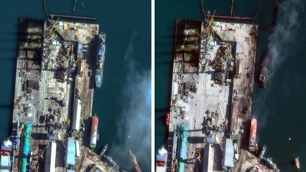 Satellite images showed the landing ship Novocherkassk docked at Feodosiya first on 5 December (L), then on 26 December