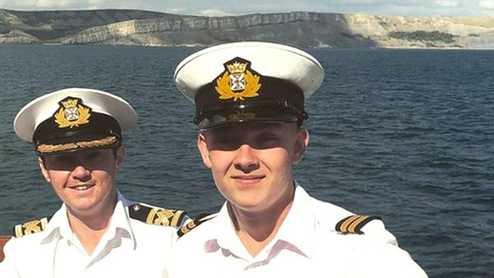 Matt Carpenter (r) and fellow Merchant Navy apprentices at sea