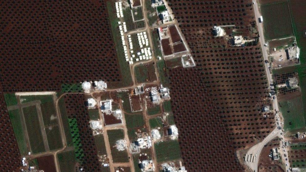 Satellite image from 11 February 2023 showing flattened buildings and tents in Jindayris, north-western Syria