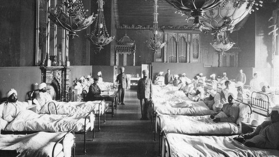 Injured Indian soldiers of the British Army at the Brighton Pavilion, converted into a military hospital