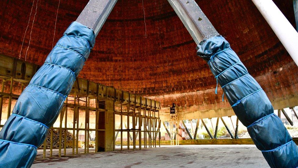 Inside one of the cooling towers