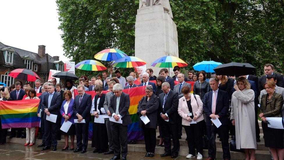 MPs pay tribute to the victims of Orlando shootings opposite the House of Commons