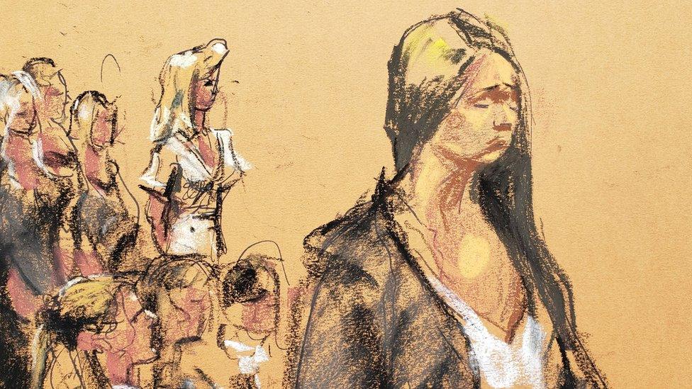 A courtroom sketch of Courtney Wild standing at the podium to make an impact statement during the hearing