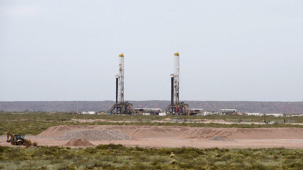 View of oil drilling rigs at Vaca Muerta Shale oil reservoir in Loma Campana, in the Patagonian province of Neuquen, some 1180 Km south-west of Buenos Aires, Argentina on December 4, 2014.