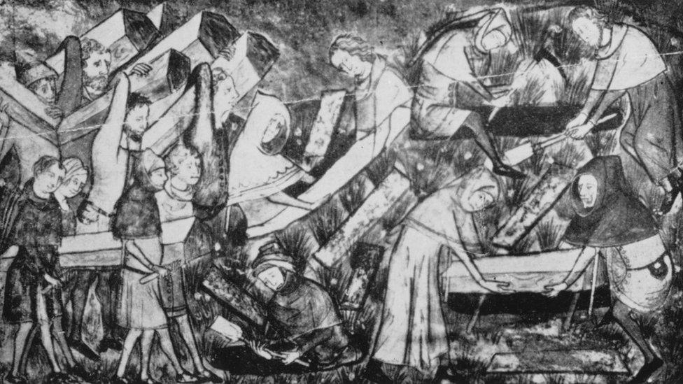 Black death victims being buried