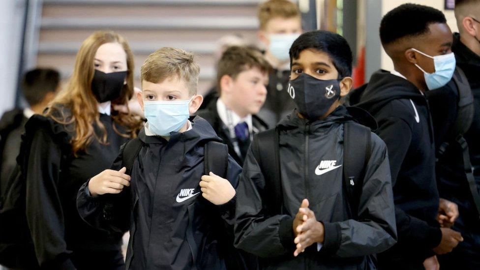 School children wearing masks