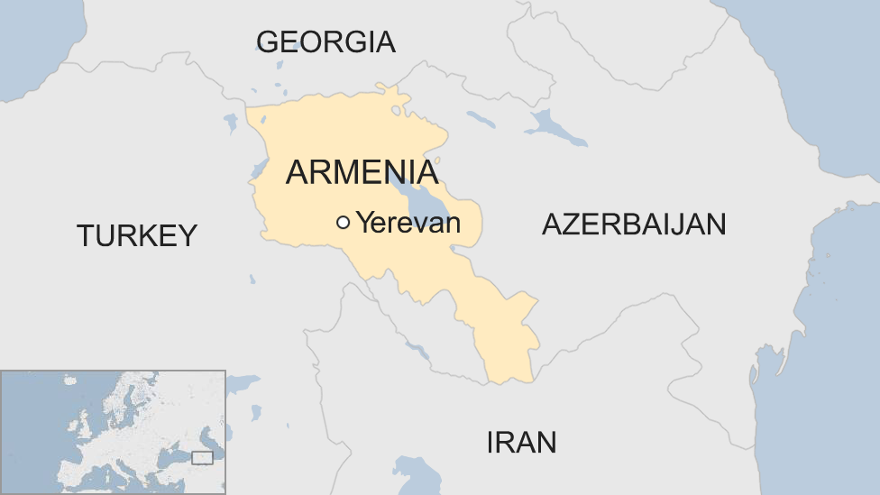 A map showing Armenia and its capital Yerevan, surrounded by neighbouring countries, clockwise from north: Georgia, Azerbaijan, Iran, Turkey