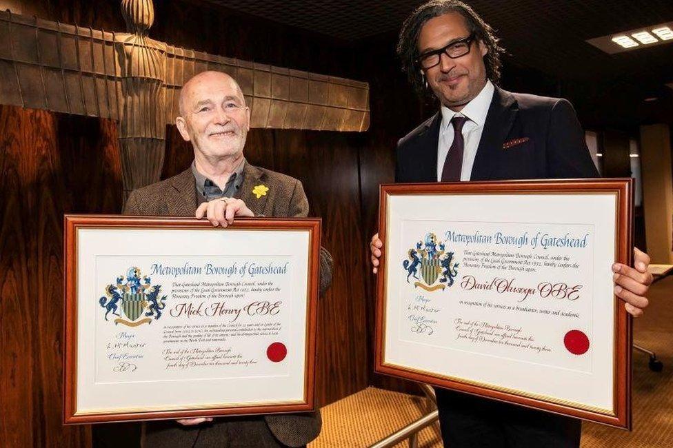 Mick Henry and David Olusoga with their Freedom of Gateshead awards