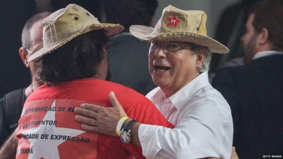 Jose Dirceu (right), former Brazilian politician and the chief of staff to Lula da Silva's administration from 2003 to 2005, participates in the commemoration of 10 years in power of the Workers Party (PT) in Sao Paulo, Brazil, on 20 February, 2013.