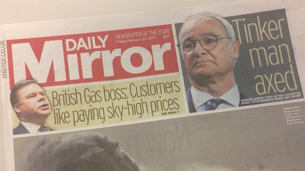 Front page of Daily Mirror