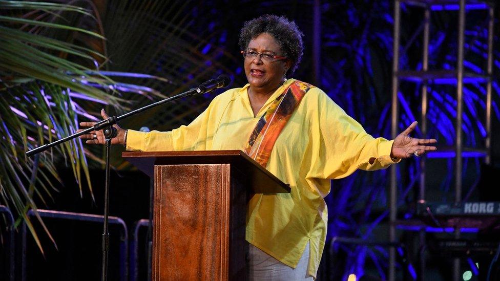 Prime Minister Mia Amor Mottley of Barbados speaks during the official opening of the Golden Square Freedom Park in Bridgetown, Barbados, on November 27, 2021