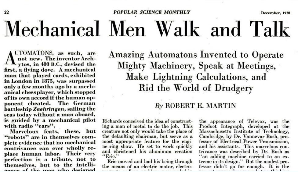 Headline from Popular Science Monthly, 1928: 'Mechanical Men Walk and Talk'