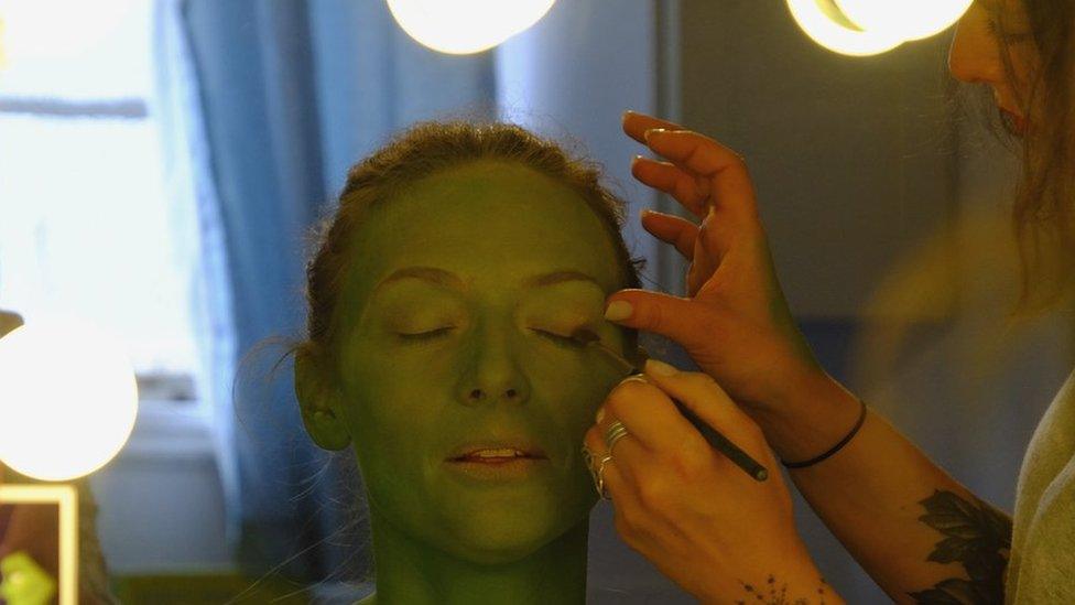 Actress Willemijn Verkaik is made up as Elphaba