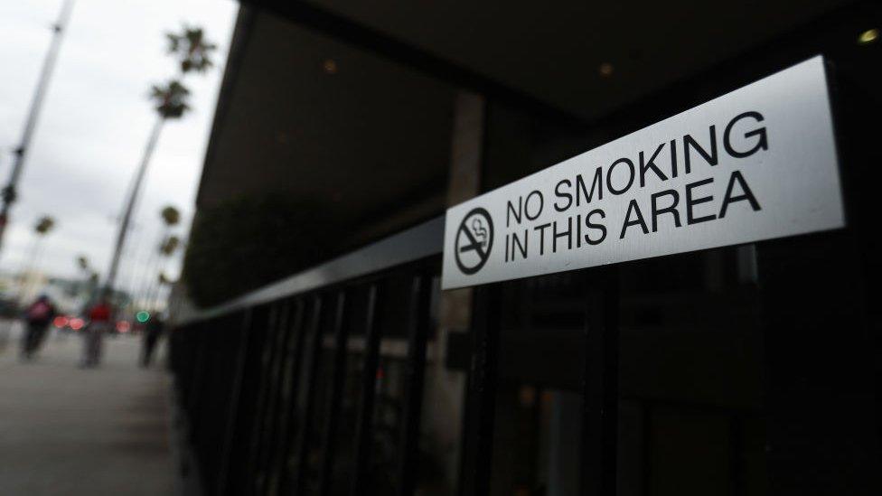 A 'No Smoking' sign is seen outside of a business on Wilshire Boulevard on May 10, 2019 in Beverly Hills, California