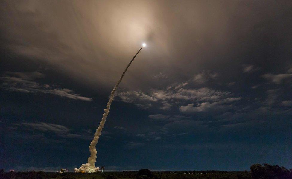 The Ariane lifted away from its pad during a tropical rain shower