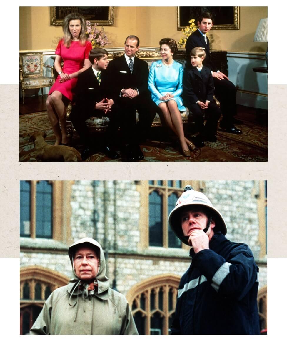 Two pictures of the Queen, one of her with Prince Philip, on a sofa, surrounded by their children, from left to right: Princess Anne, Prince Andrew, Prince Edward and Prince Charles, the other picture is the Queen standing next to a fireman after a fire at her home in Windsor