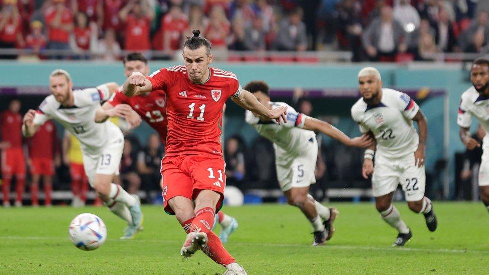 Gareth Bale scoring a penalty goal for Wales