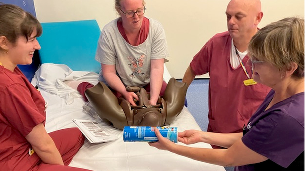 Consultant Obstetrician Dr Joanna Croft role plays patient in maternity training