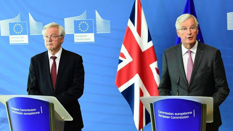 British Secretary of State for Exiting the European Union David Davis (L) and European Union chief negotiator in charge of Brexit negotiations with Britain Michel Barnier (R)