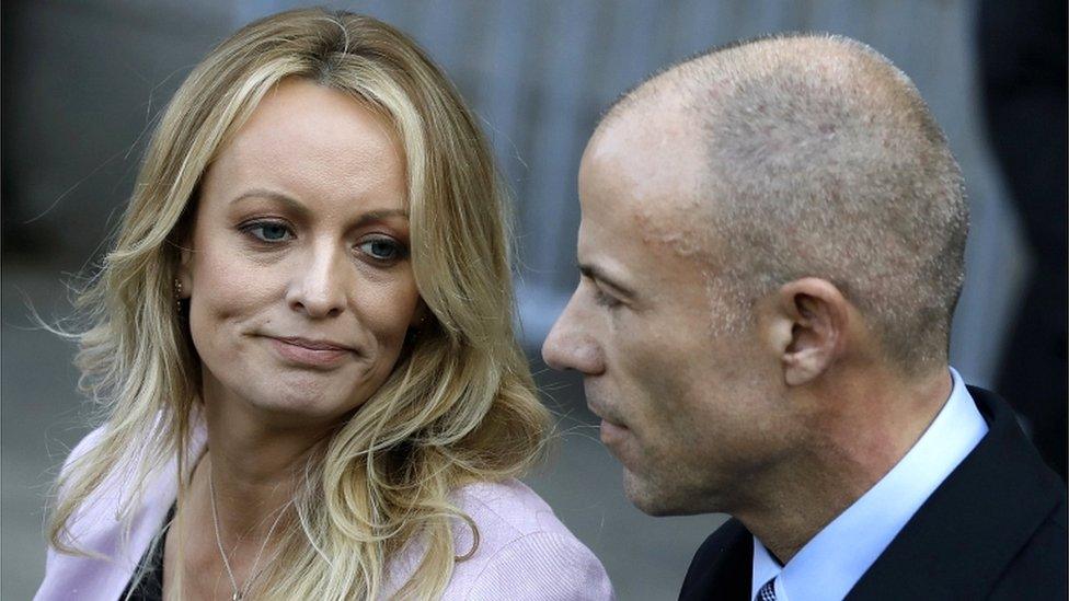 Stormy Daniels (Stephanie Clifford) speaks to the press, as her attorney Michael Avenatti looks on, outside of federal court in New York City, New York, USA, 16 April 2018